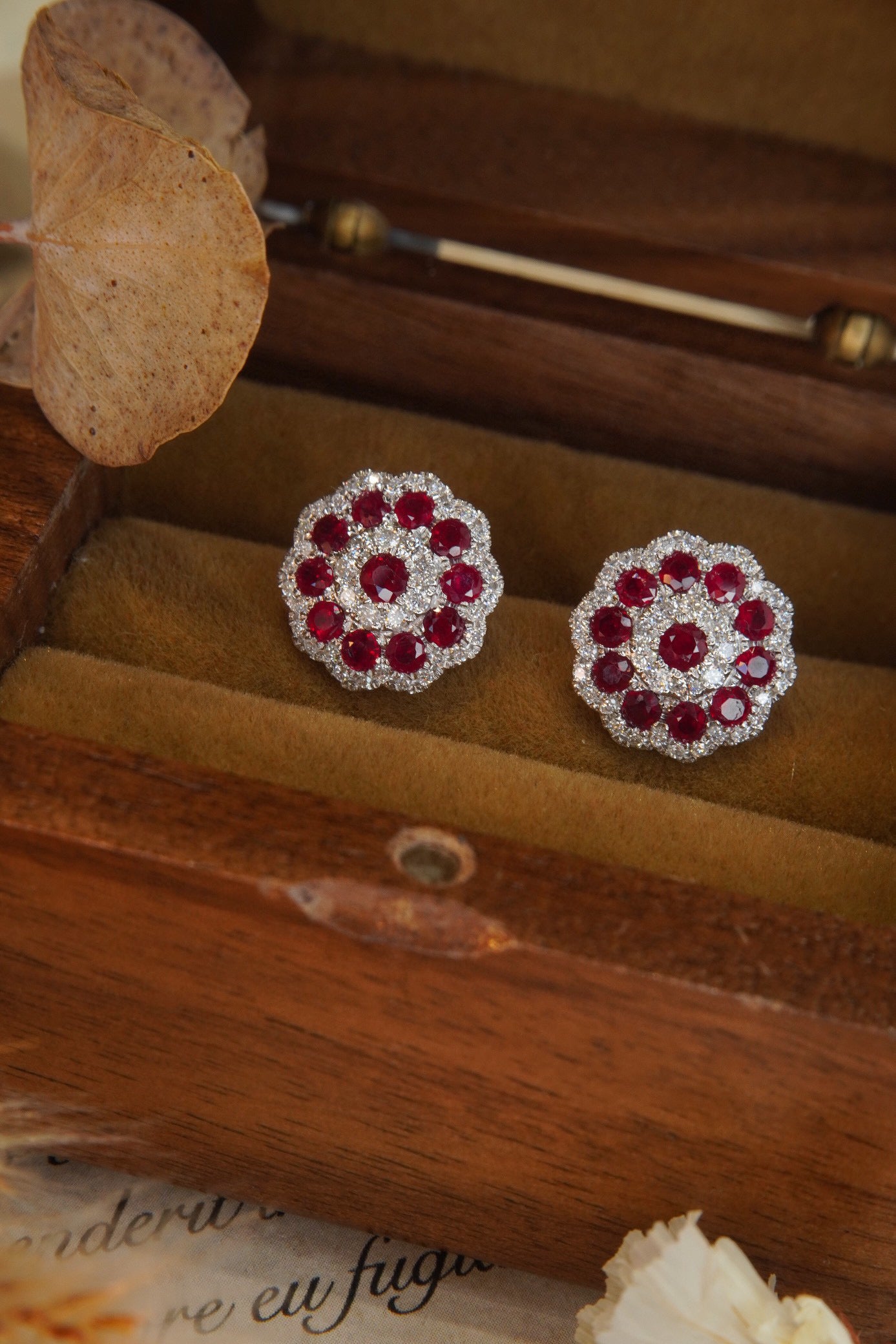 Vintage Ruby Diamond Snowflake Earrings, 18K Solid Gold Ruby Diamond Stud Earrings