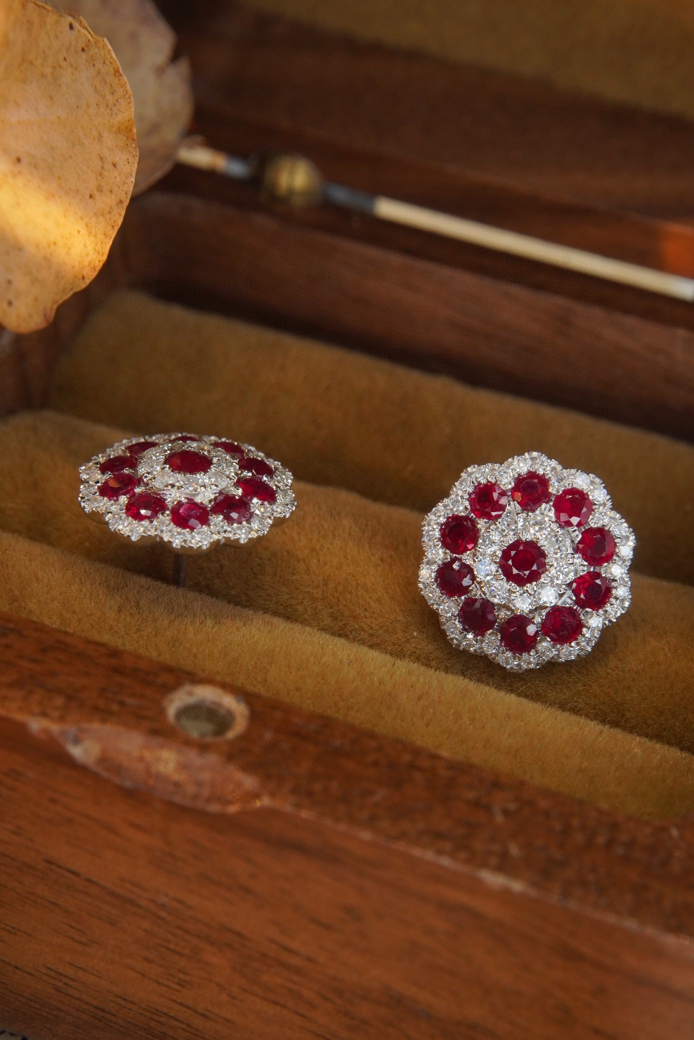 Vintage Ruby Diamond Snowflake Earrings, 18K Solid Gold Ruby Diamond Stud Earrings