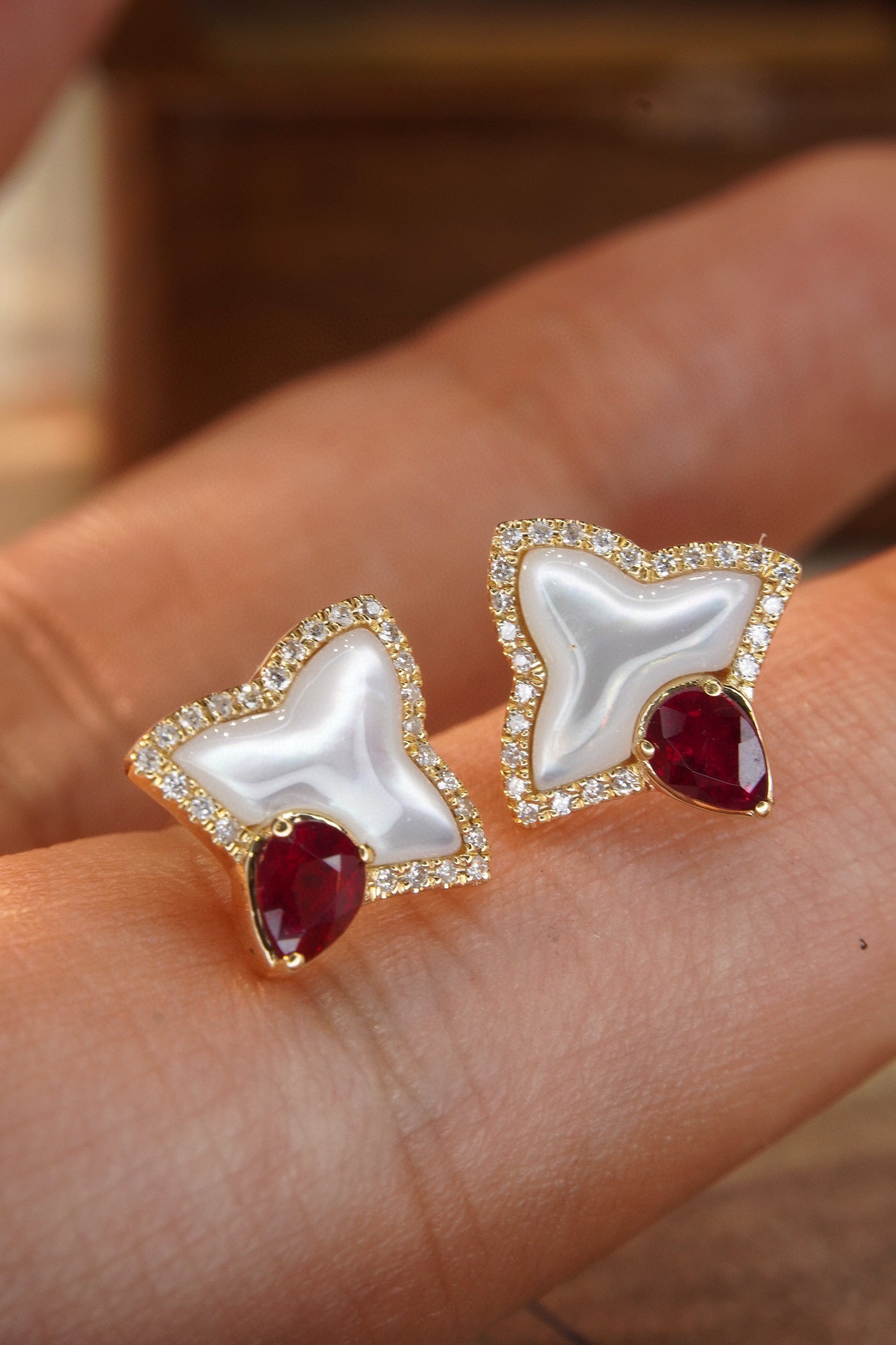 Vintage Three leaf clover Ruby Diamond Earrings, 18K Solid Gold Ruby Diamond Stud Earrings