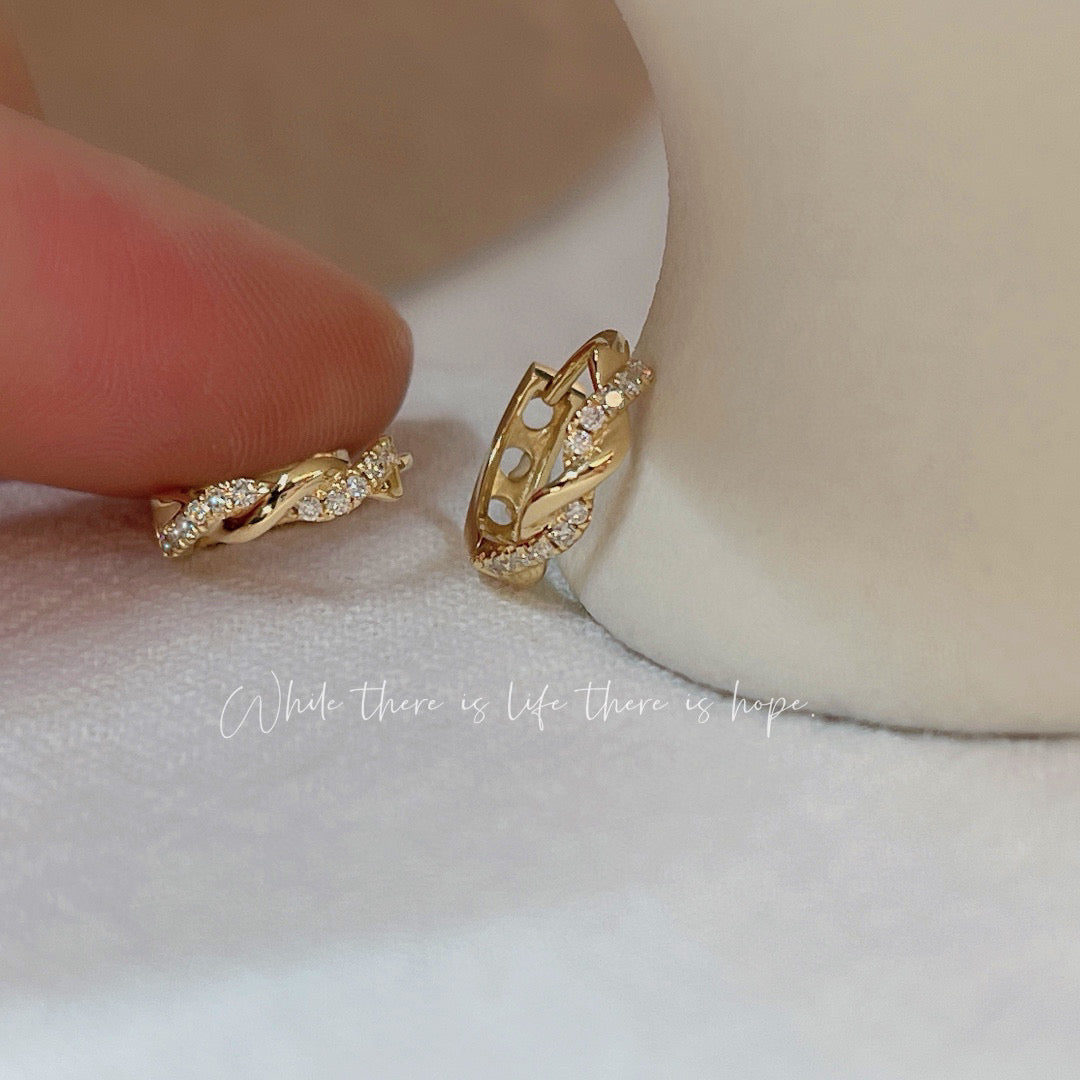 18K Solid Gold Diamond Wave Hoop Earrings, Round Diamond Earrings, everyday wear