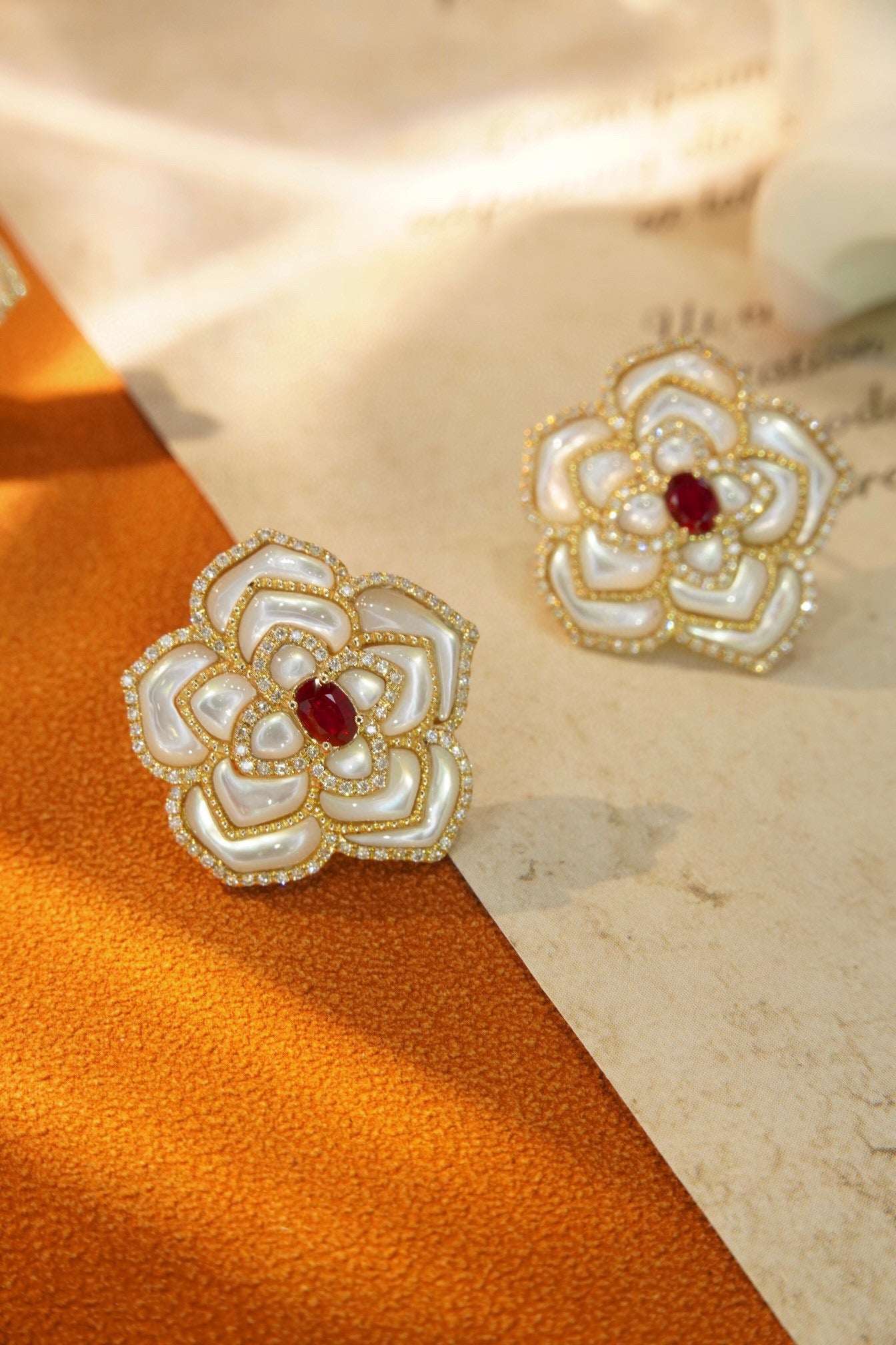 Luxury Rose Ruby Diamond Earrings, 18K Solid Gold Ruby Diamond Stud Earrings