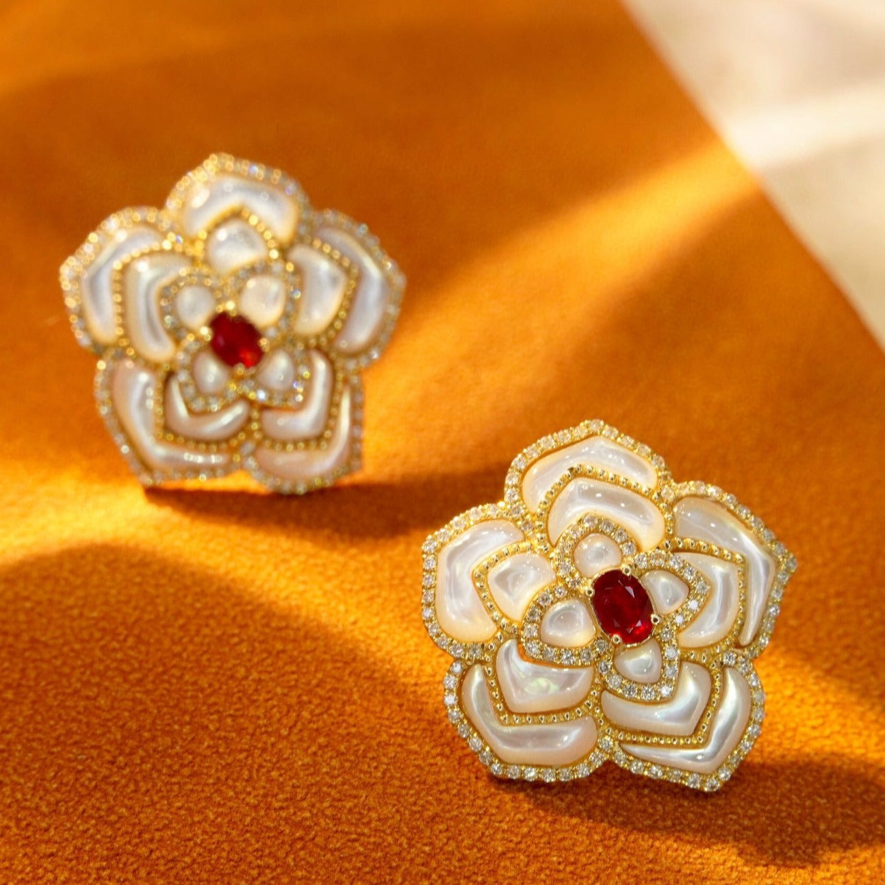 Luxury Rose Ruby Diamond Earrings, 18K Solid Gold Ruby Diamond Stud Earrings