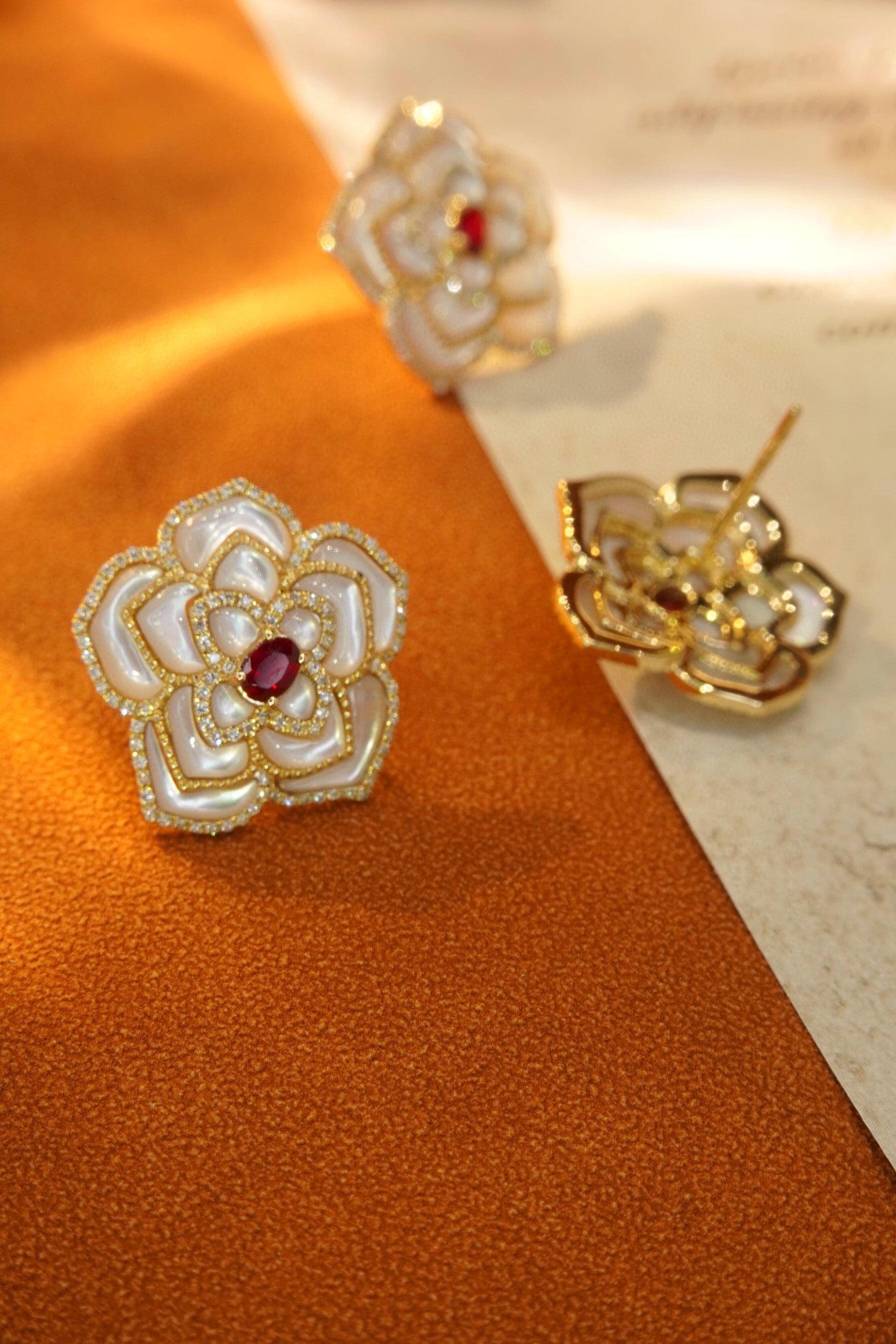 Luxury Rose Ruby Diamond Earrings, 18K Solid Gold Ruby Diamond Stud Earrings