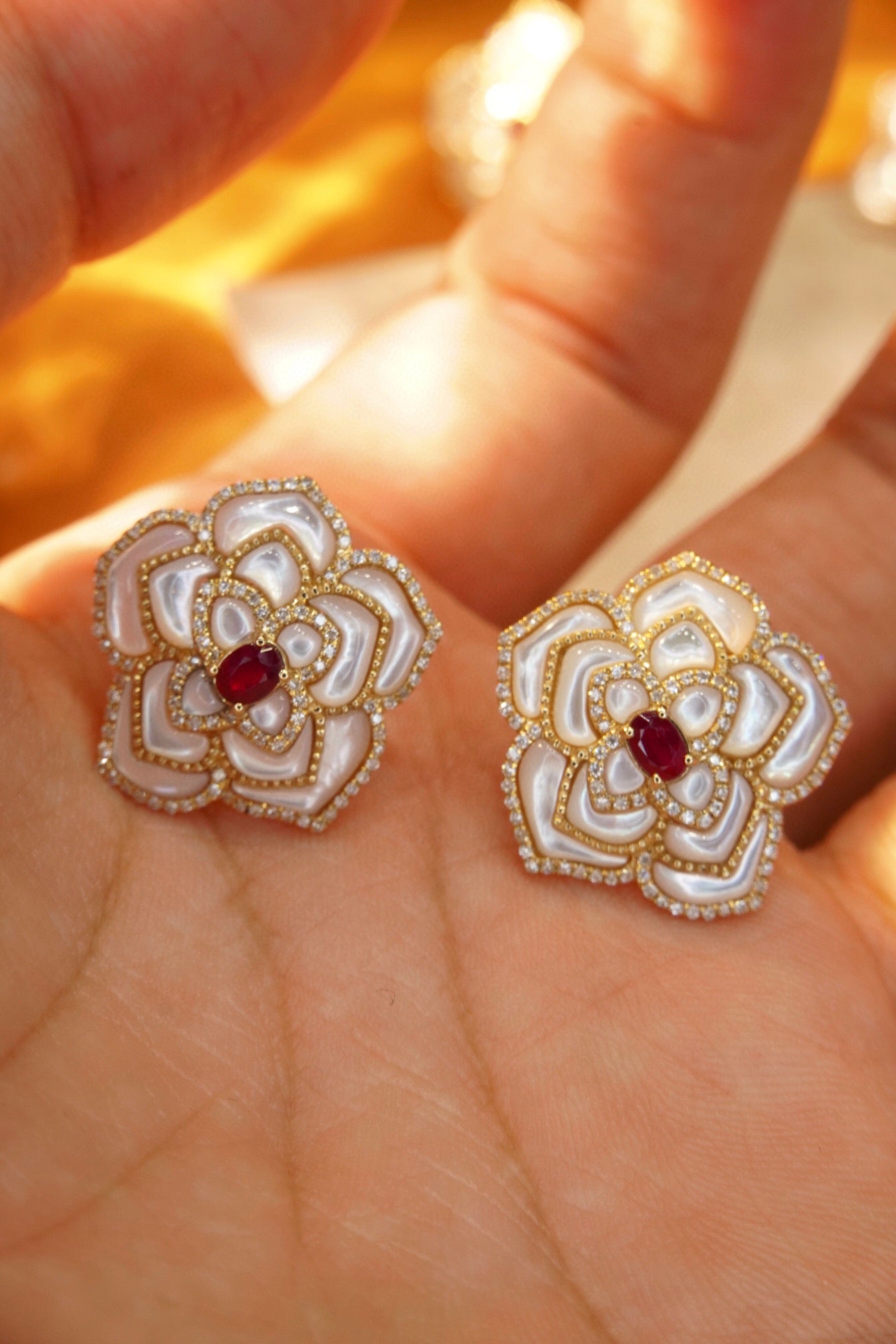 Luxury Rose Ruby Diamond Earrings, 18K Solid Gold Ruby Diamond Stud Earrings