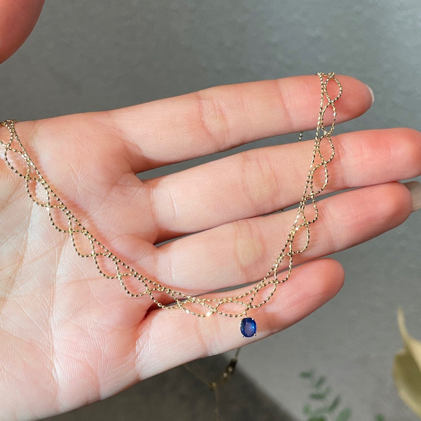 18K Solid Gold Sapphire Lace Necklace