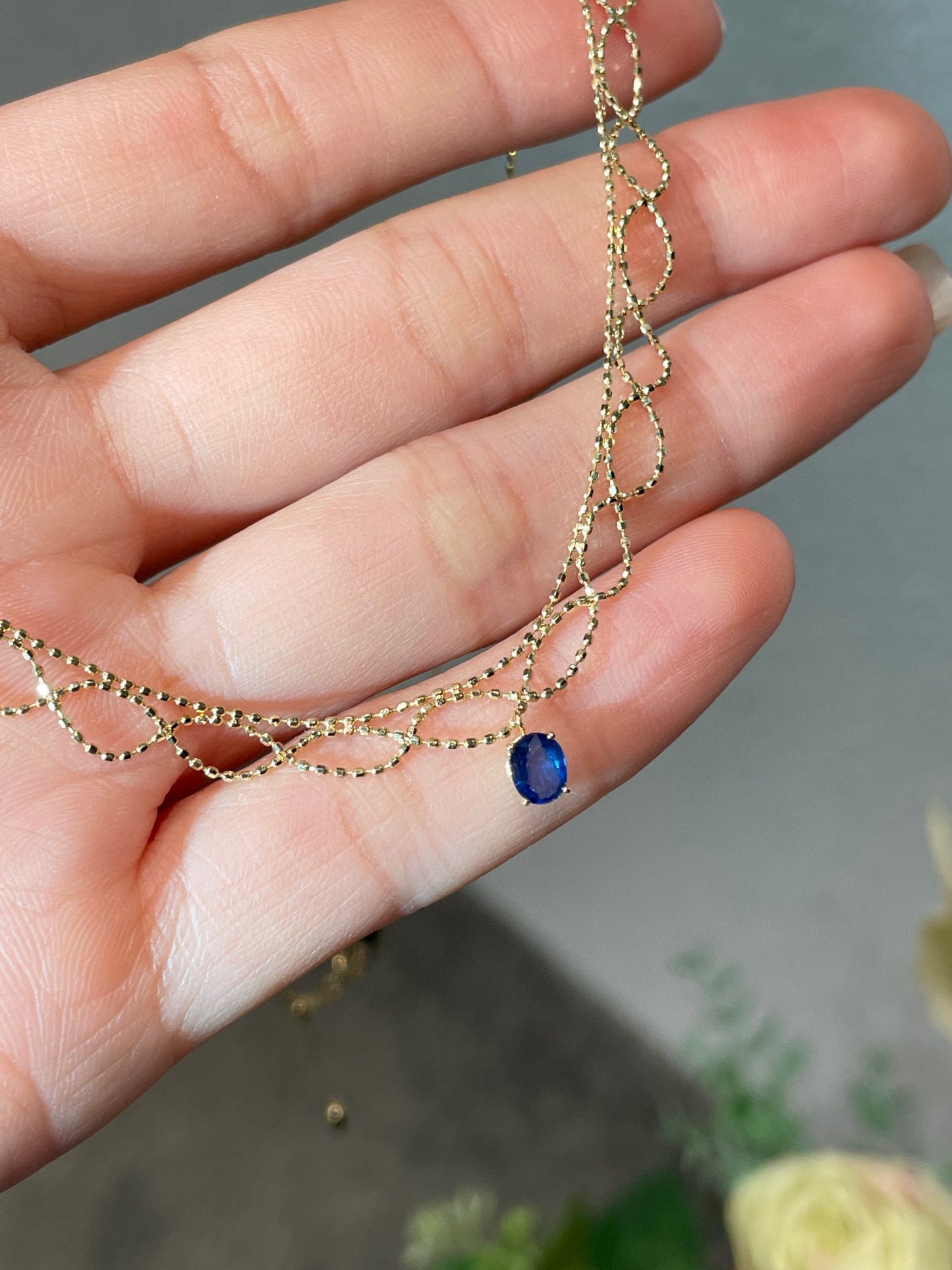 18K Solid Gold Sapphire Lace Necklace