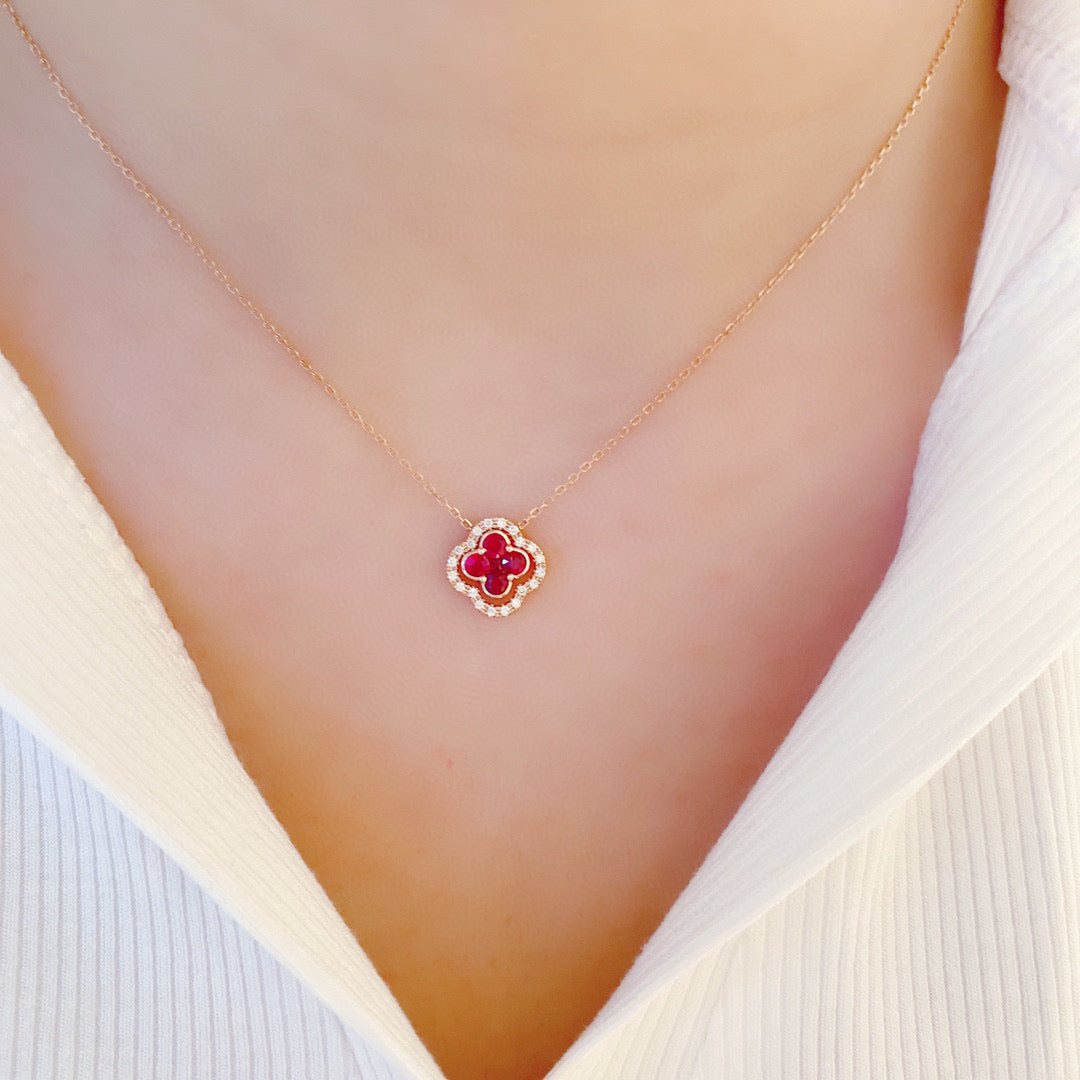 Lucky Clover Ruby Diamond Necklace, 18K Solid Gold Ruby Diamond Clover Pendant Necklace