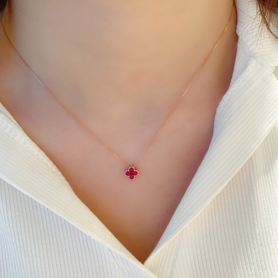 Lucky Clover Ruby Diamond Necklace, 18K Solid Gold Ruby Diamond Clover Pendant Necklace