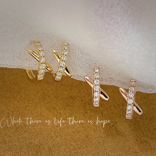 Dainty 18K Solid Gold X Diamond Hoop Earrings, everyday wear earrings