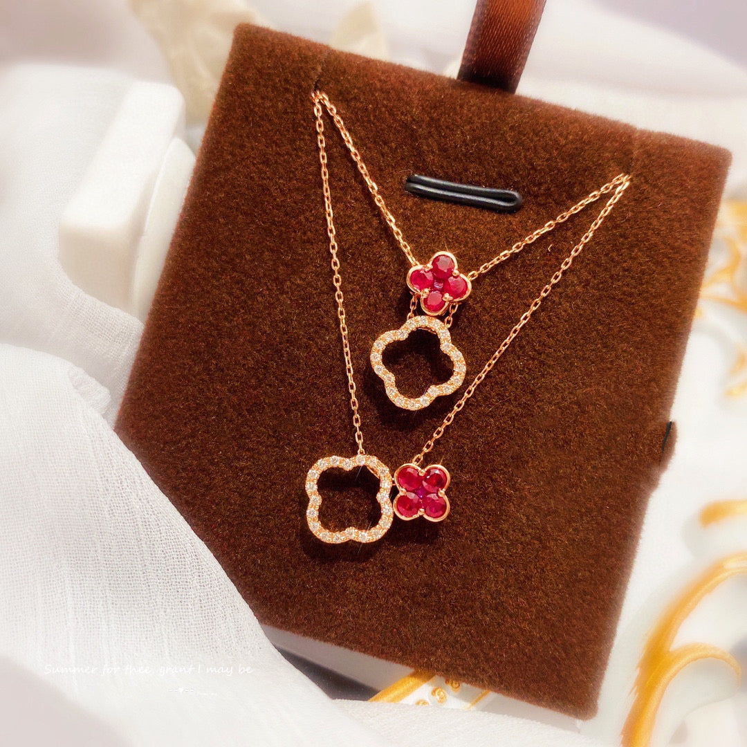 Lucky Clover Ruby Diamond Necklace, 18K Solid Gold Ruby Diamond Clover Pendant Necklace