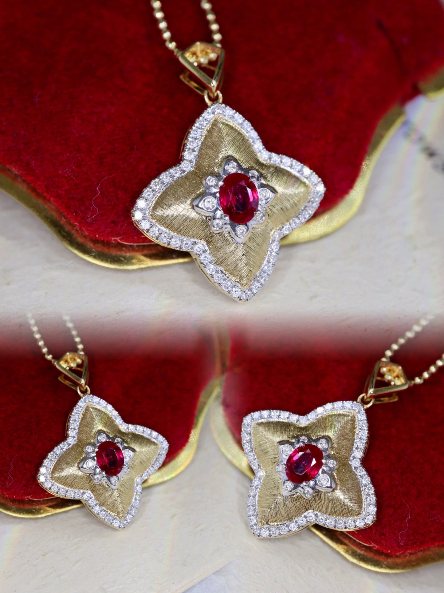 Vintage Clover Ruby Pendant, 18K Solid Gold Ruby Diamond Four Leaf Flower Pendant