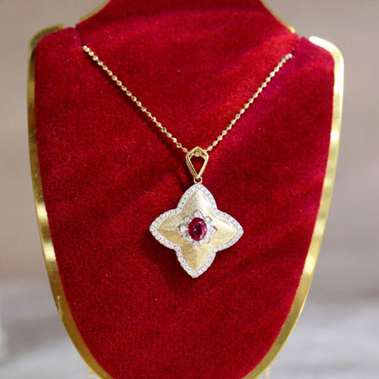 Vintage Clover Ruby Pendant, 18K Solid Gold Ruby Diamond Four Leaf Flower Pendant