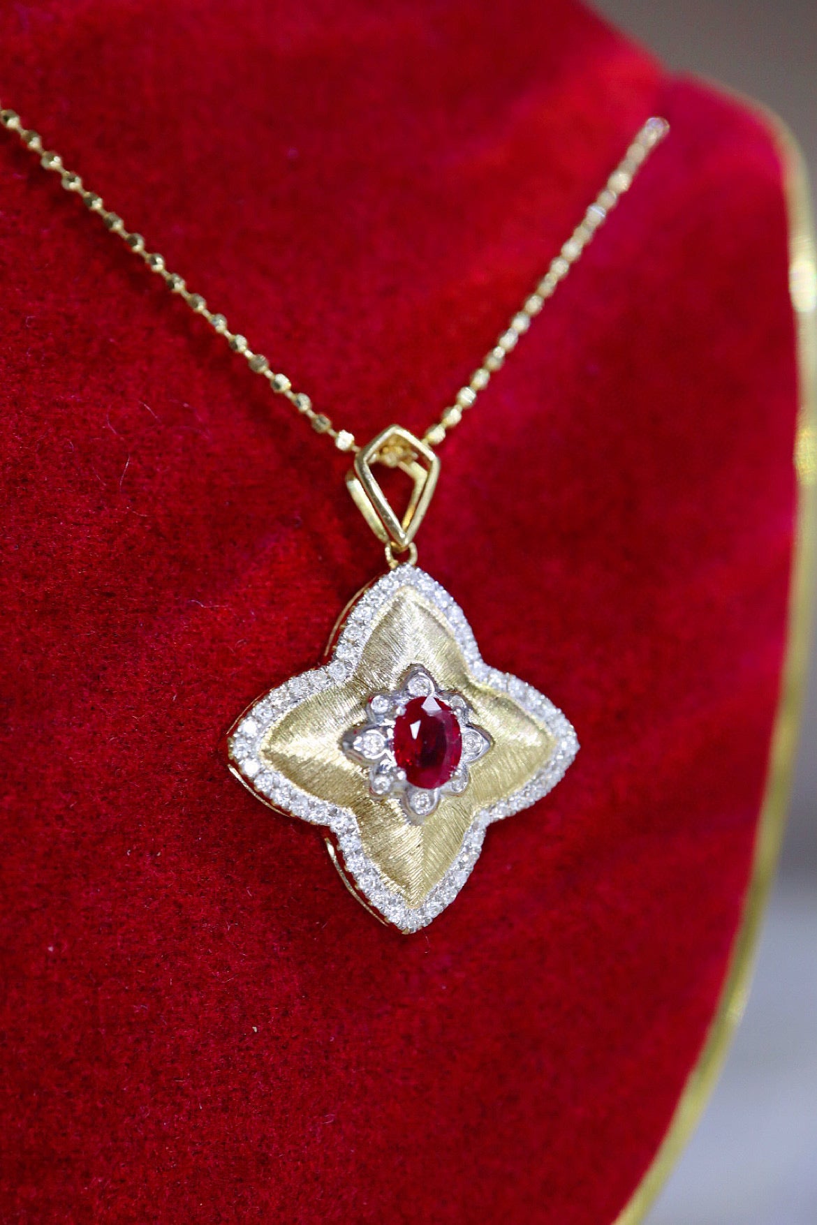 Vintage Clover Ruby Pendant, 18K Solid Gold Ruby Diamond Four Leaf Flower Pendant