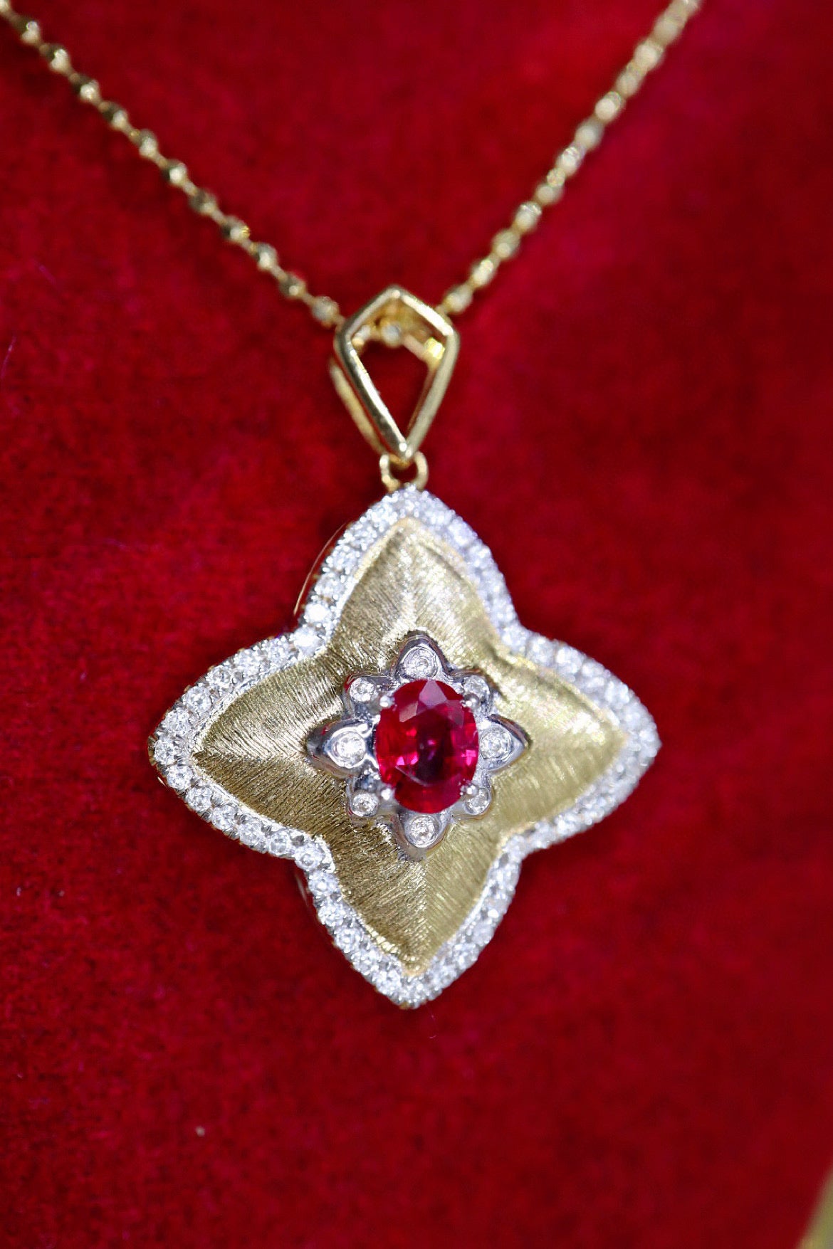 Vintage Clover Ruby Pendant, 18K Solid Gold Ruby Diamond Four Leaf Flower Pendant