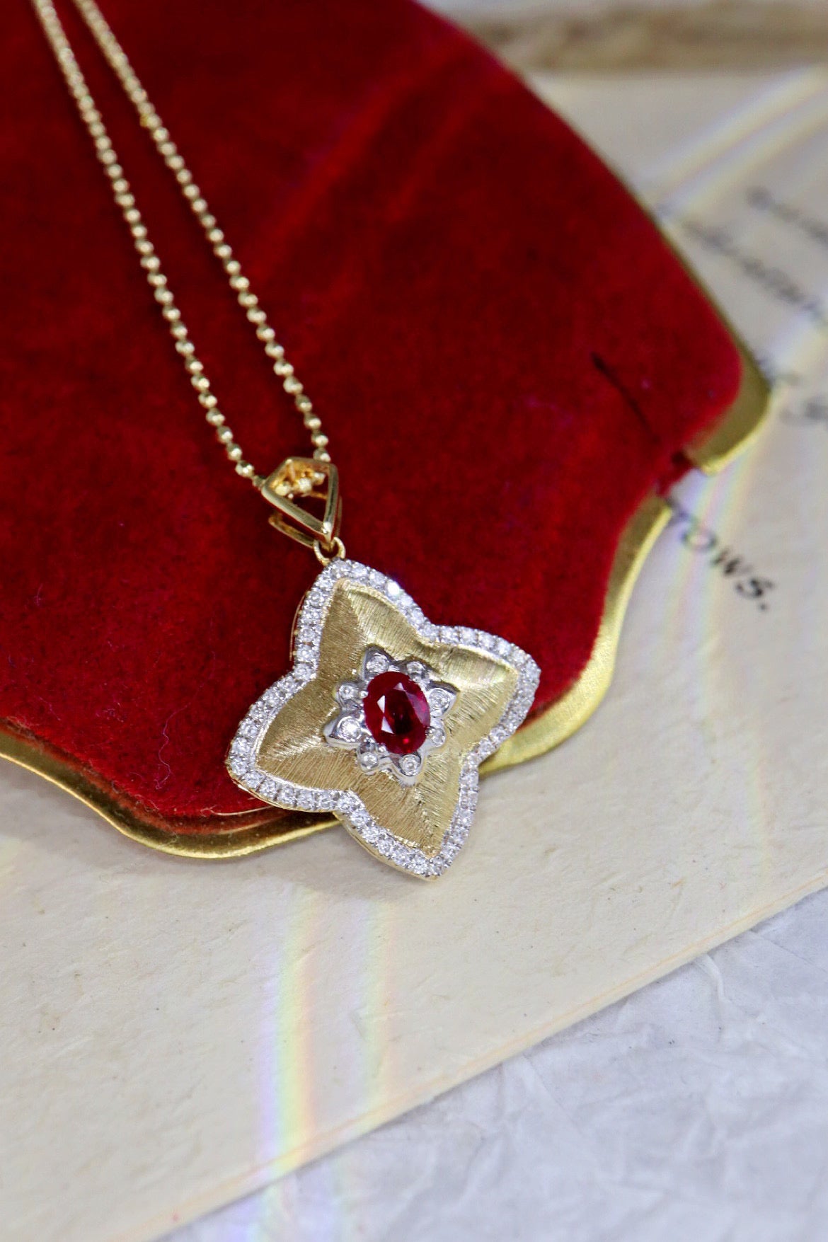 Vintage Clover Ruby Pendant, 18K Solid Gold Ruby Diamond Four Leaf Flower Pendant