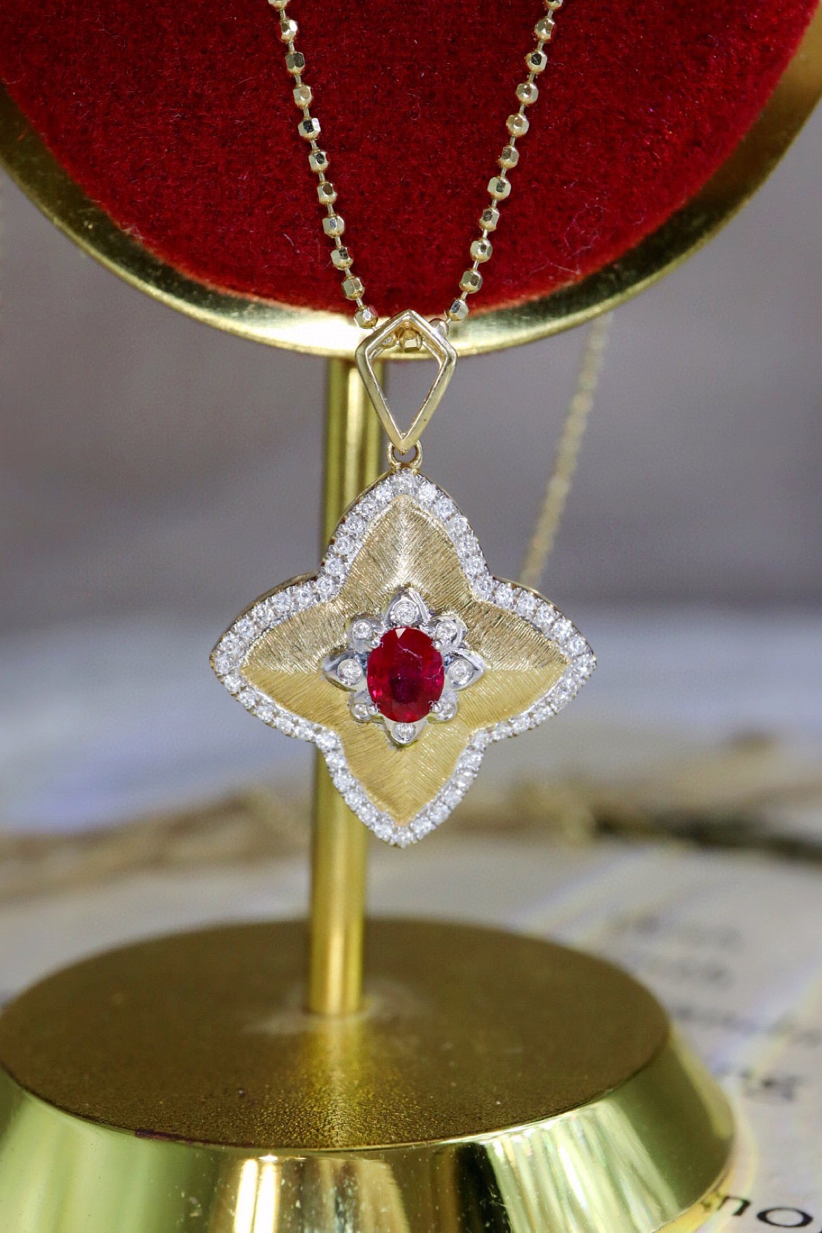 Vintage Clover Ruby Pendant, 18K Solid Gold Ruby Diamond Four Leaf Flower Pendant