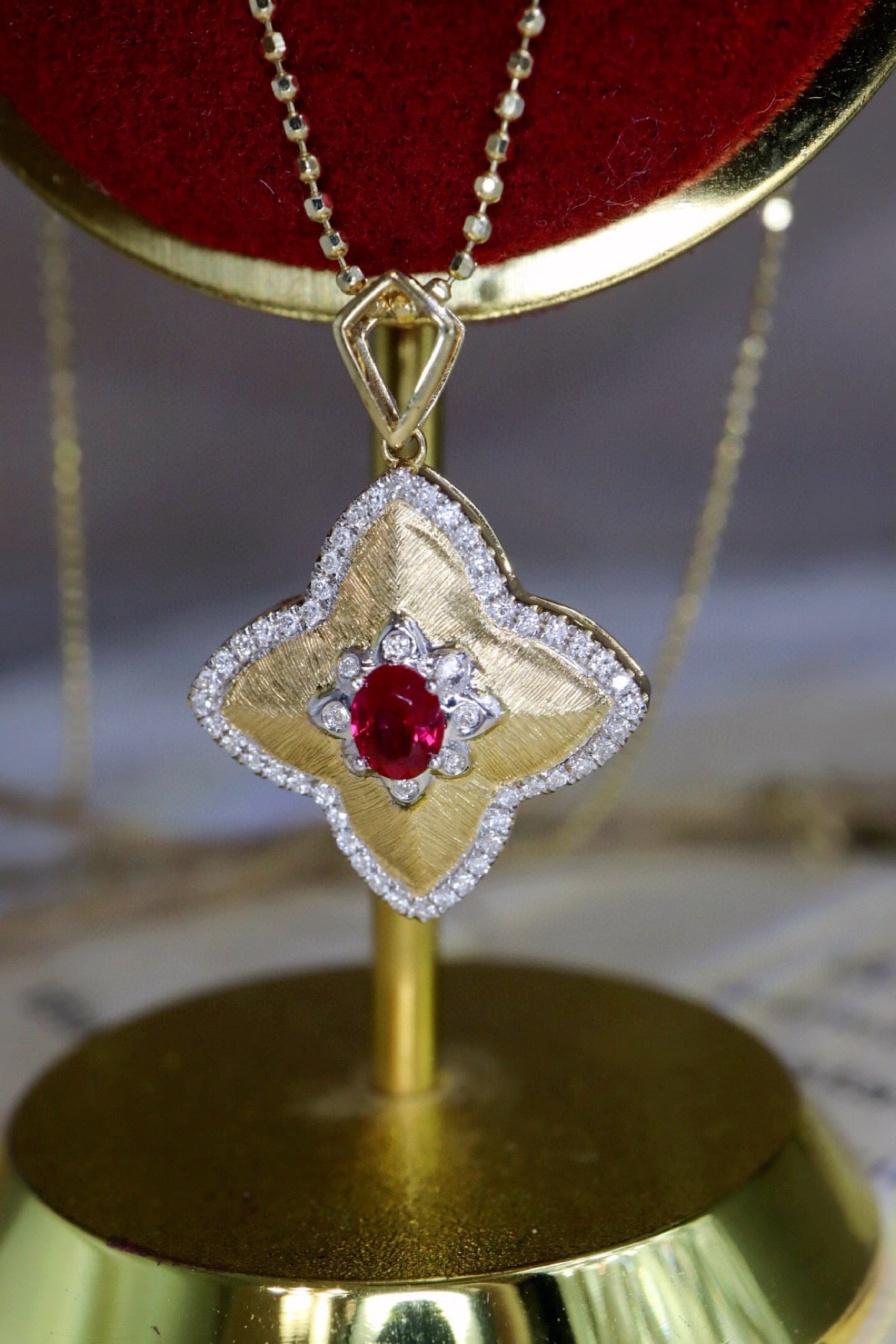 Vintage Clover Ruby Pendant, 18K Solid Gold Ruby Diamond Four Leaf Flower Pendant