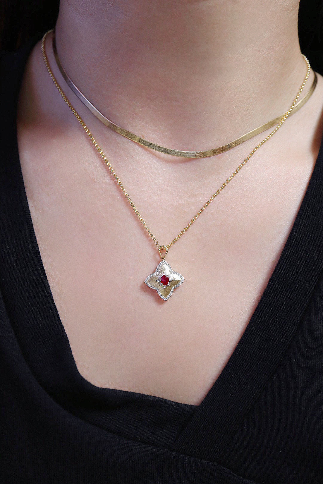 Vintage Clover Ruby Pendant, 18K Solid Gold Ruby Diamond Four Leaf Flower Pendant