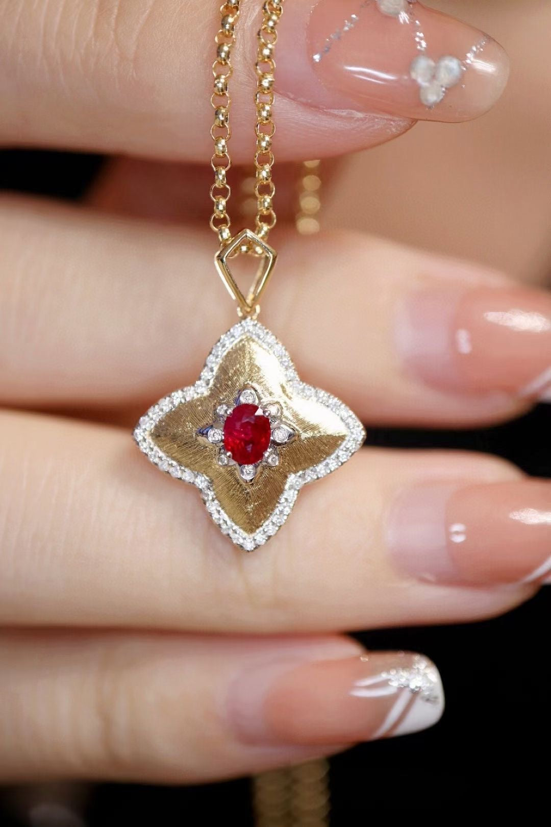 Vintage Clover Ruby Pendant, 18K Solid Gold Ruby Diamond Four Leaf Flower Pendant