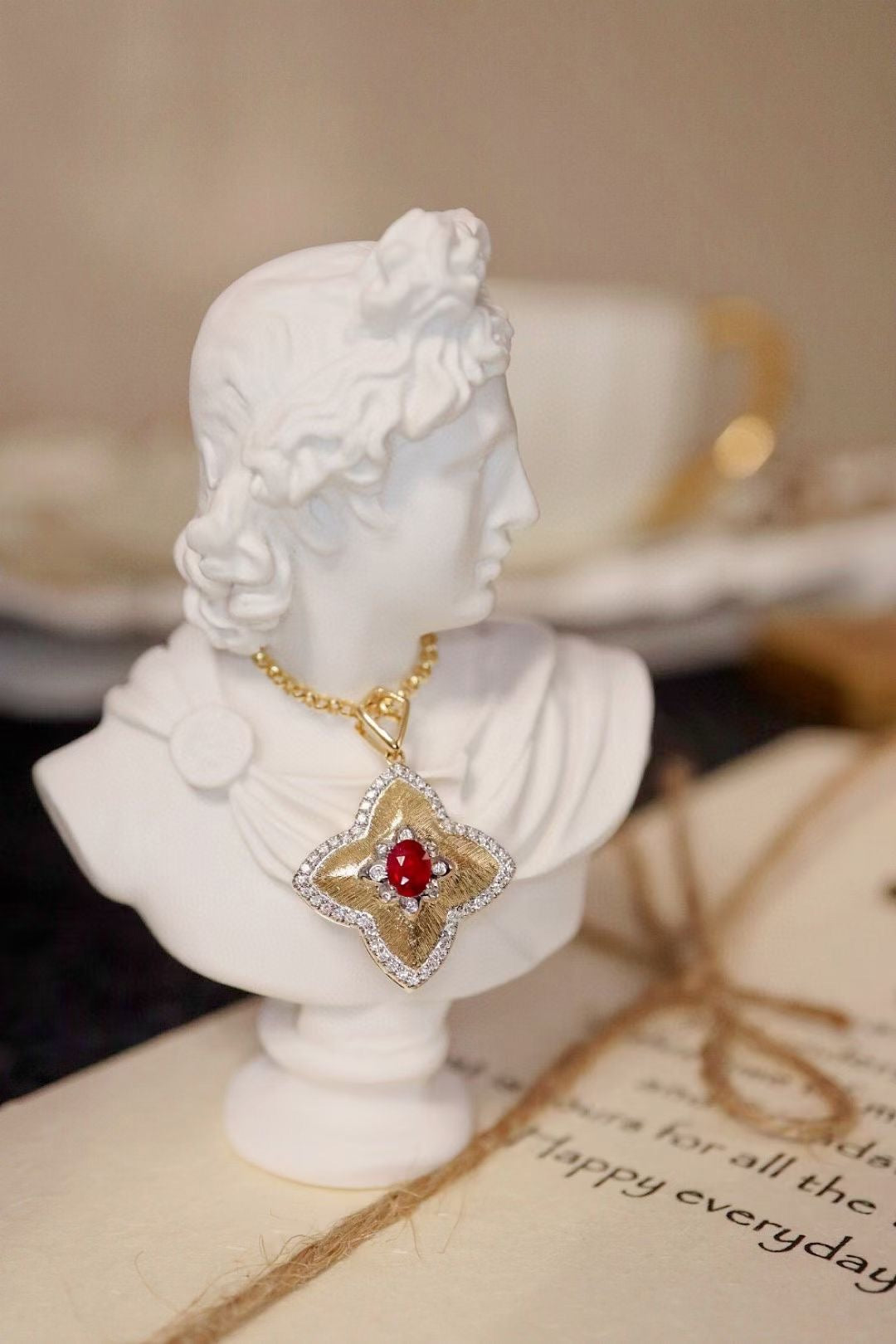 Vintage Clover Ruby Pendant, 18K Solid Gold Ruby Diamond Four Leaf Flower Pendant