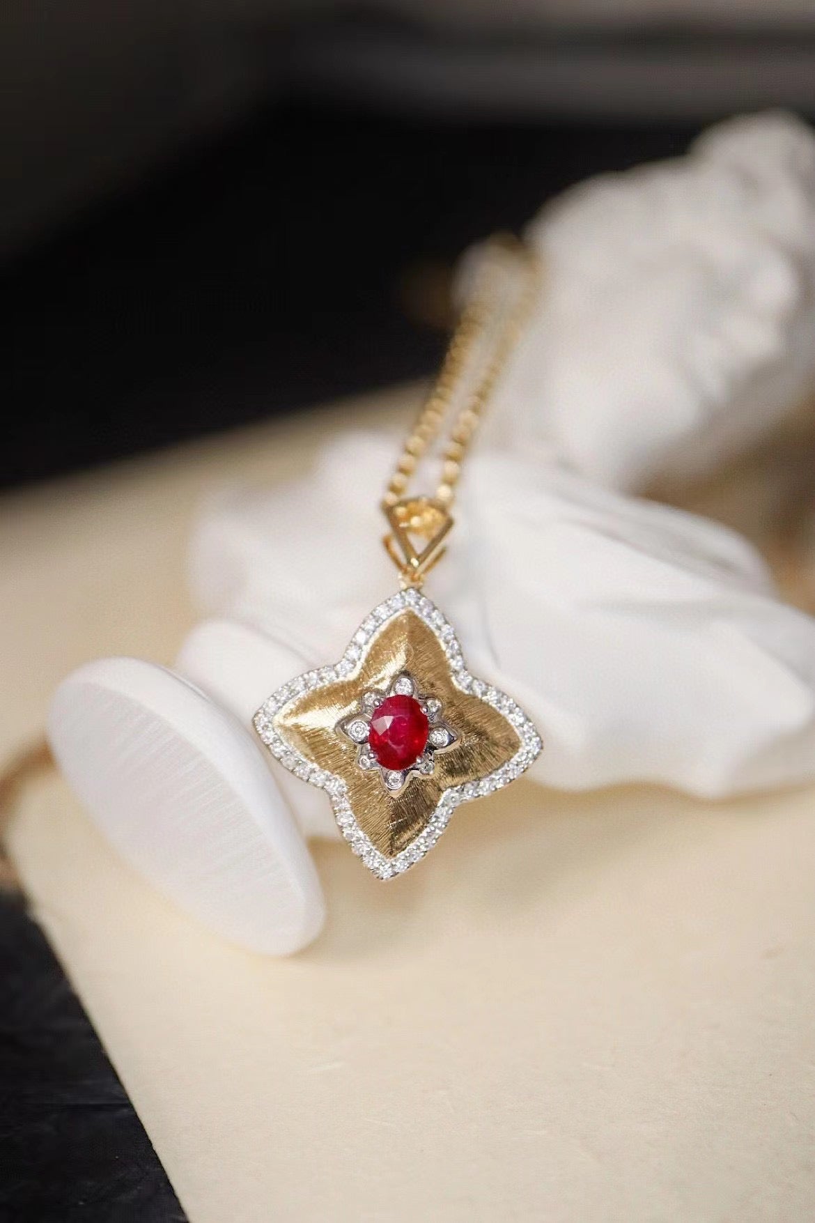 Vintage Clover Ruby Pendant, 18K Solid Gold Ruby Diamond Four Leaf Flower Pendant