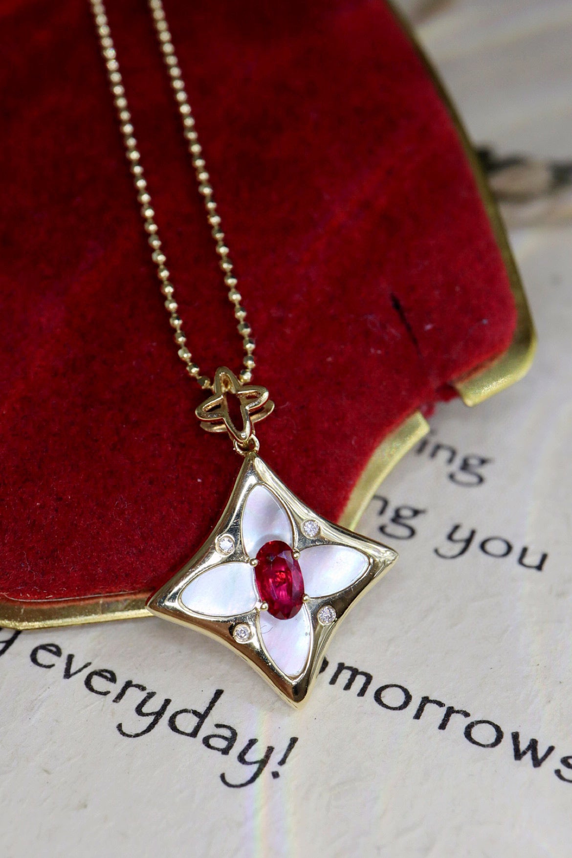 Lucky Clover Pendant necklace, 18K Solid Gold Ruby Diamond Clover Pendant Necklace