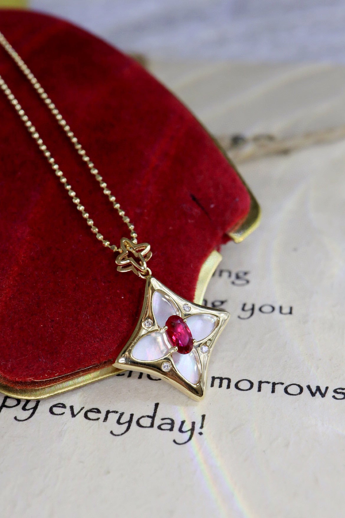 Lucky Clover Pendant necklace, 18K Solid Gold Ruby Diamond Clover Pendant Necklace