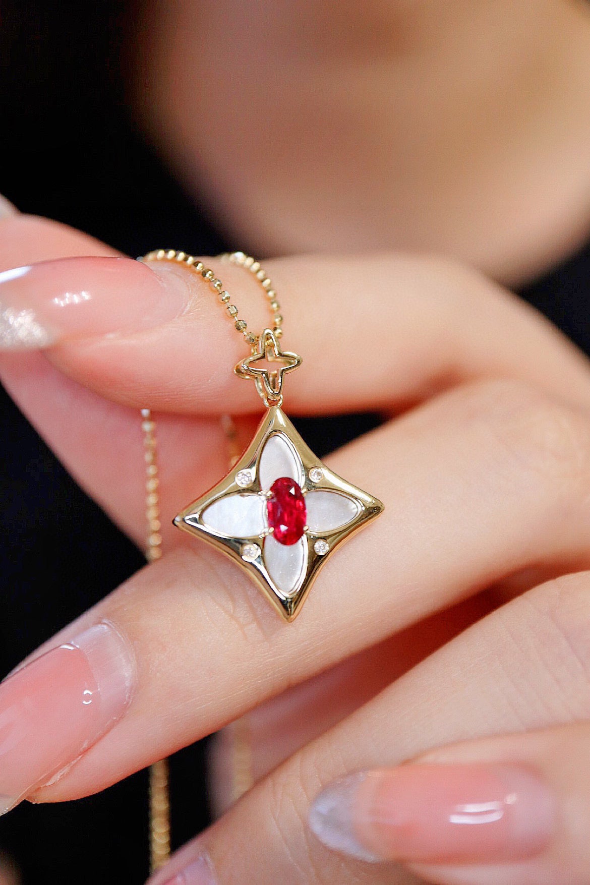 Lucky Clover Pendant necklace, 18K Solid Gold Ruby Diamond Clover Pendant Necklace