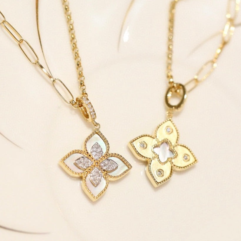 Lucky Clover Diamond Pendant, 18K Solid Gold Diamond Four Leaf Flower Pendant