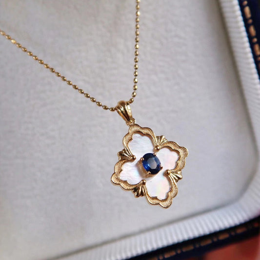 Lucky Clover Sapphire Pendant, 18K Solid Gold Sapphire Four Leaf Flower Pendant