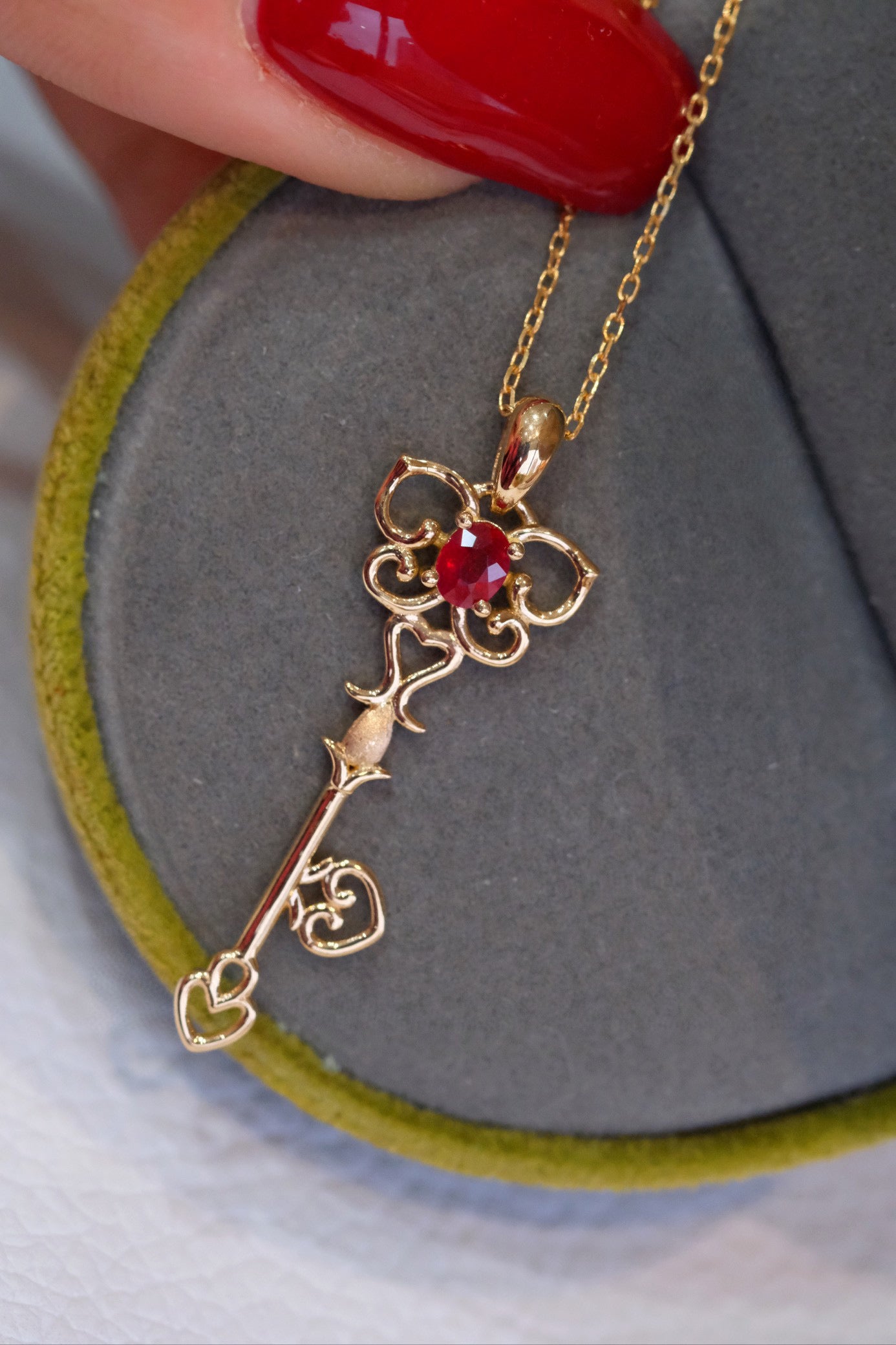 Art Deco Ruby Key Pendant,18K Solid Gold Ruby Key Pendant