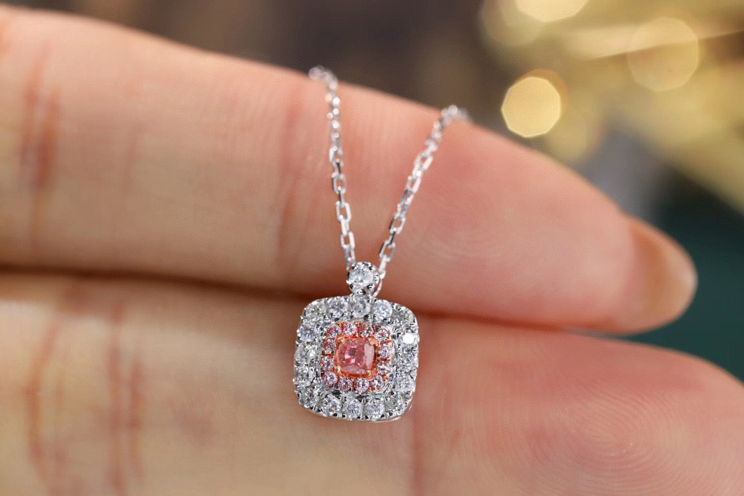 Dainty Princess Cut Pink Diamond necklace, 18K Solid Gold Diamond Necklace