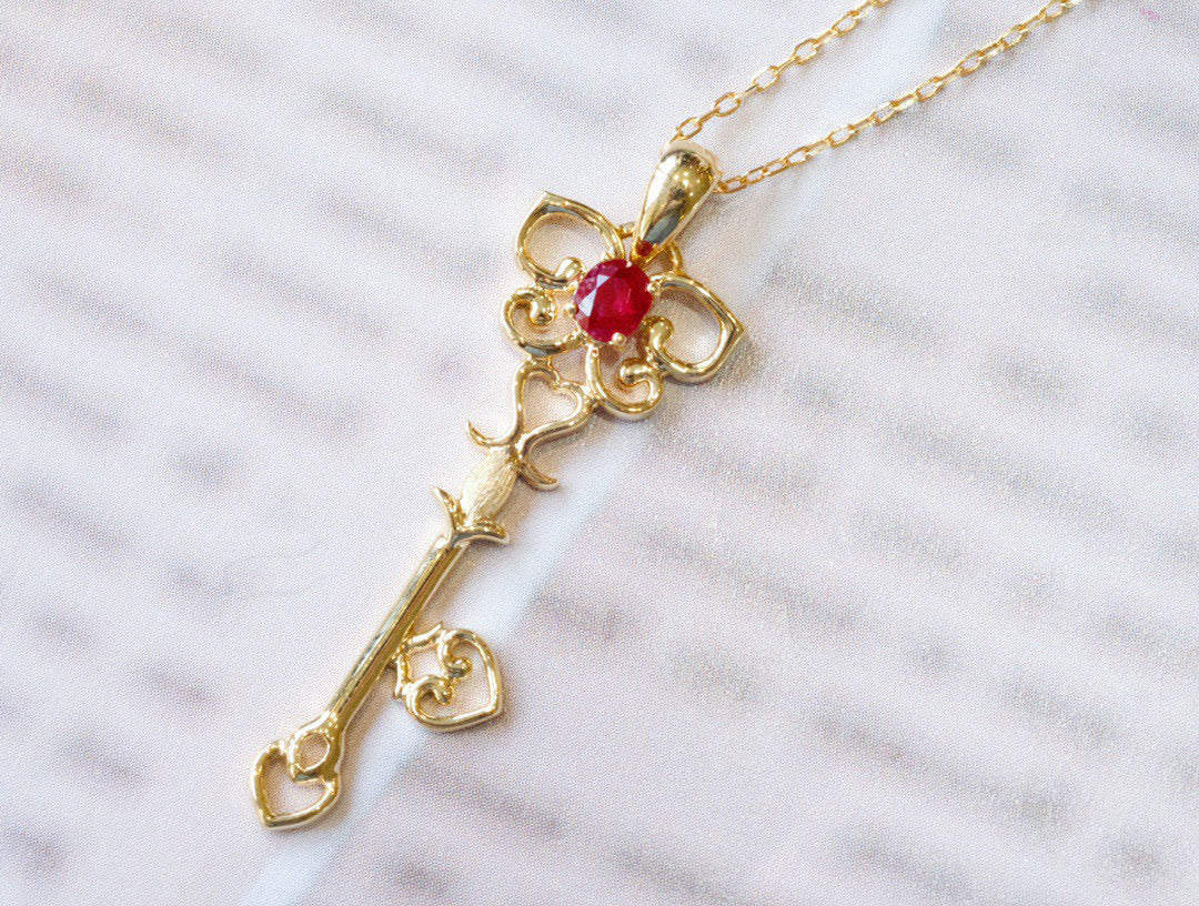 Art Deco Ruby Key Pendant,18K Solid Gold Ruby Key Pendant