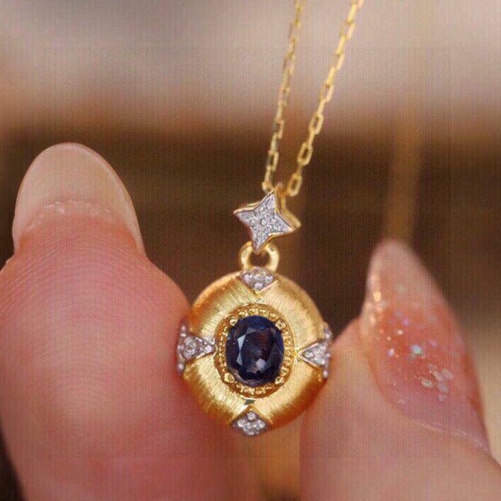 Vintage 18K solid gold Genuine Sapphire Diamond Necklace, gift for her