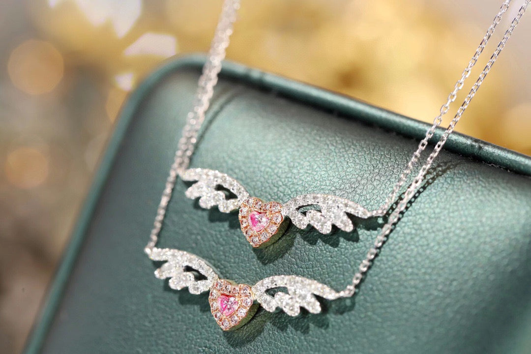 Heart Angle Wings Necklace , 18K Solid Gold Pink Diamond Necklace, gift for her