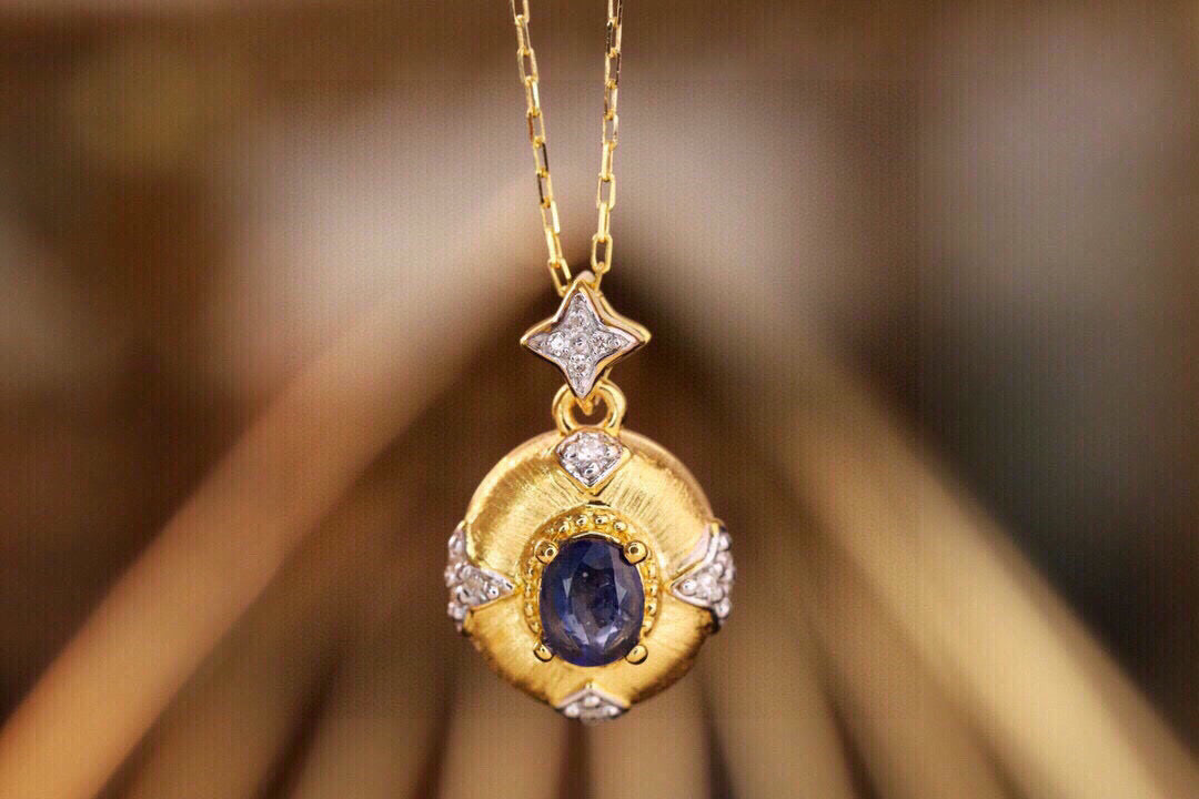 Vintage 18K solid gold Genuine Sapphire Diamond Necklace, gift for her