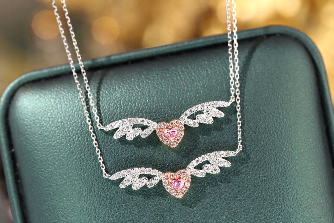 Heart Angle Wings Necklace , 18K Solid Gold Pink Diamond Necklace, gift for her