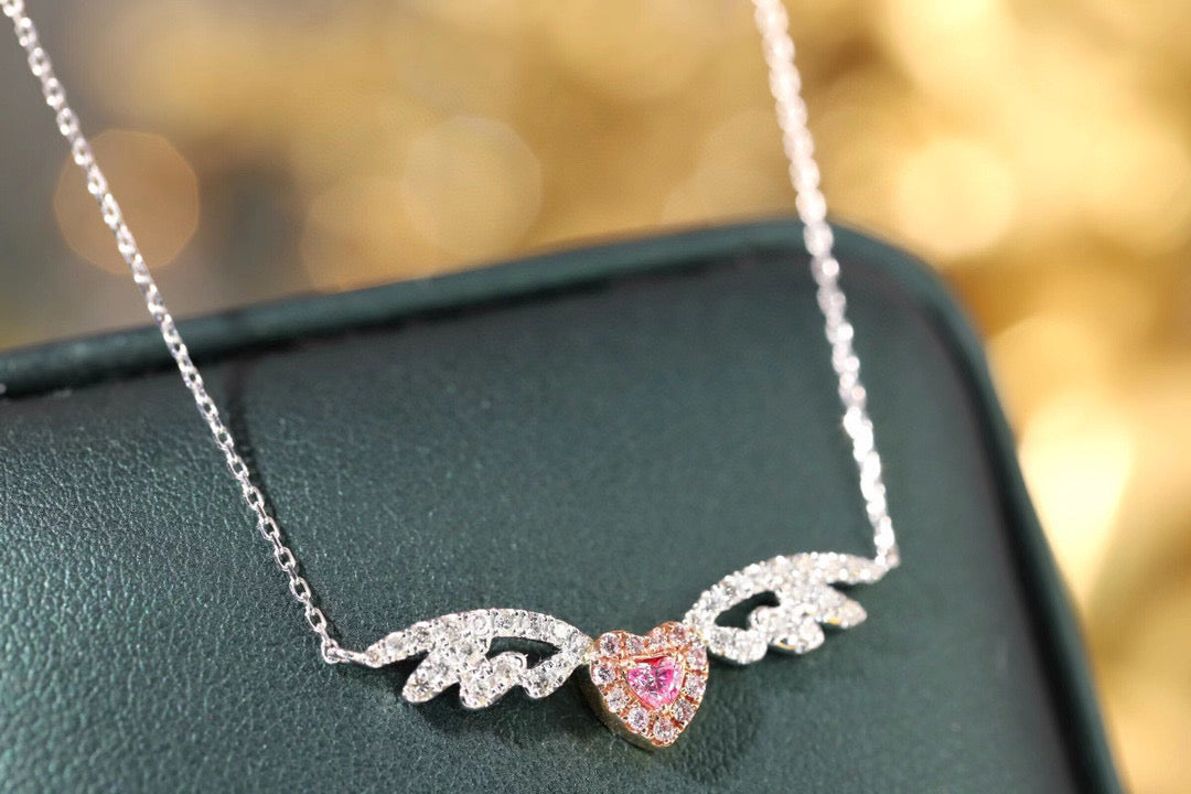 Heart Angle Wings Necklace , 18K Solid Gold Pink Diamond Necklace, gift for her