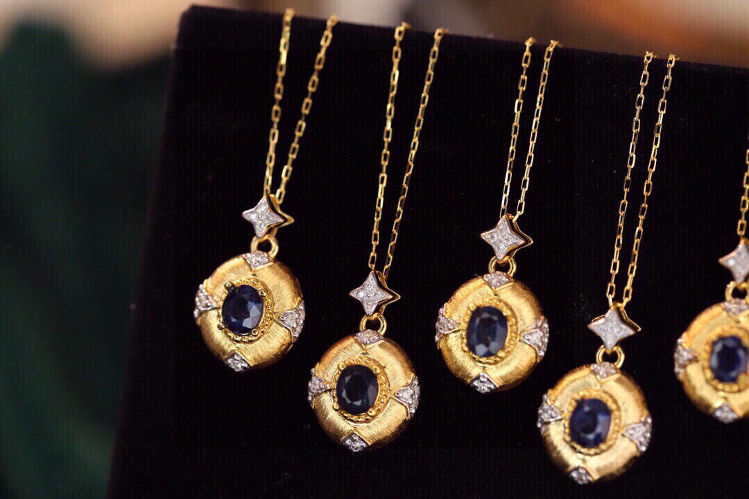 Vintage 18K solid gold Genuine Sapphire Diamond Necklace, gift for her