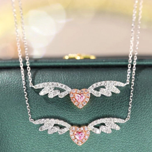 Heart Angle Wings Necklace , 18K Solid Gold Pink Diamond Necklace, gift for her