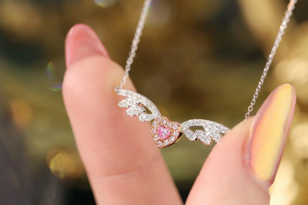 Heart Angle Wings Necklace , 18K Solid Gold Pink Diamond Necklace, gift for her