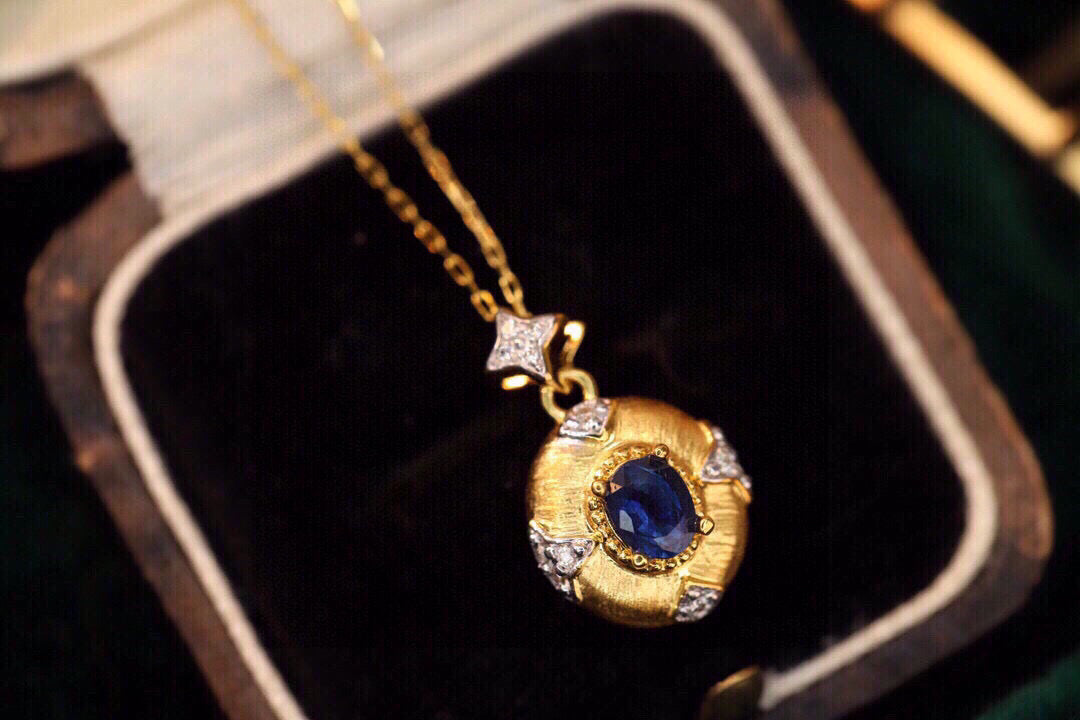 Vintage 18K solid gold Genuine Sapphire Diamond Necklace, gift for her