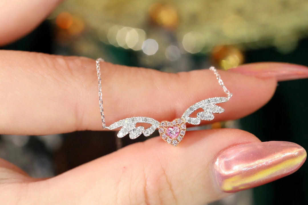 Heart Angle Wings Necklace , 18K Solid Gold Pink Diamond Necklace, gift for her