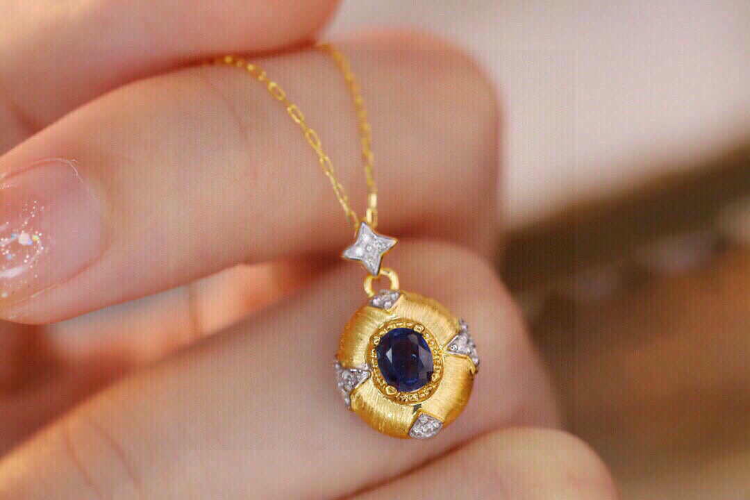 Vintage 18K solid gold Genuine Sapphire Diamond Necklace, gift for her