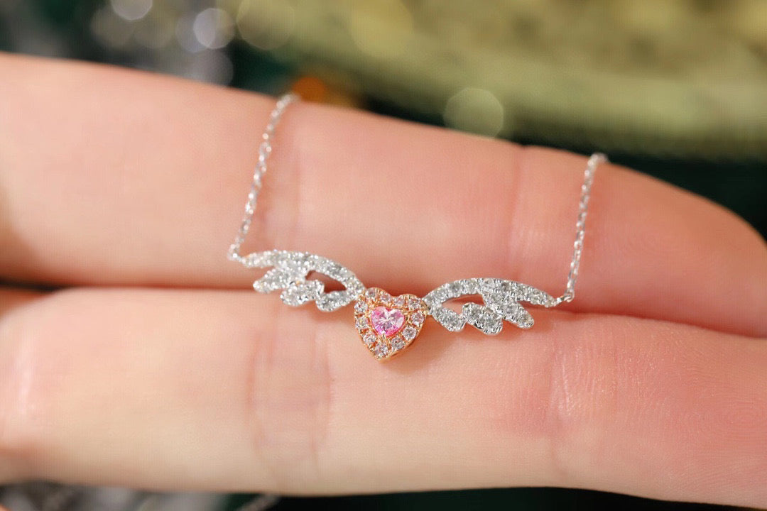 Heart Angle Wings Necklace , 18K Solid Gold Pink Diamond Necklace, gift for her