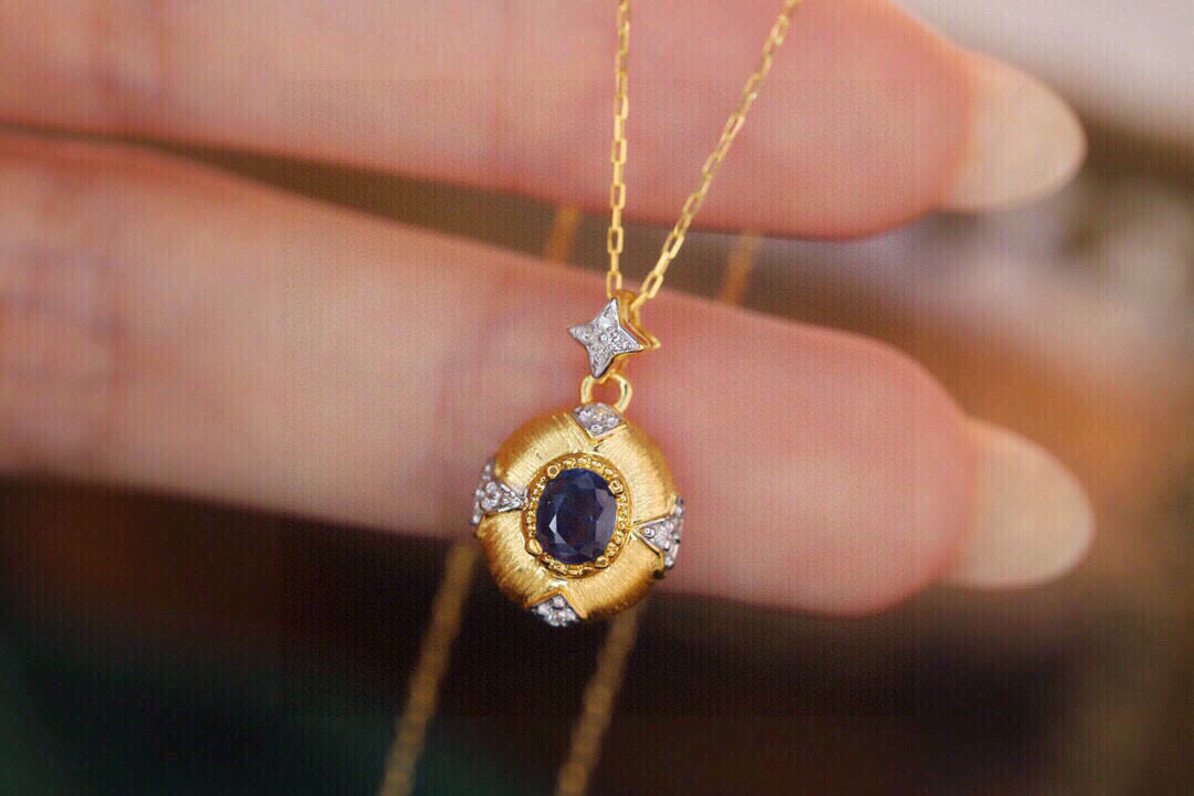 Vintage 18K solid gold Genuine Sapphire Diamond Necklace, gift for her