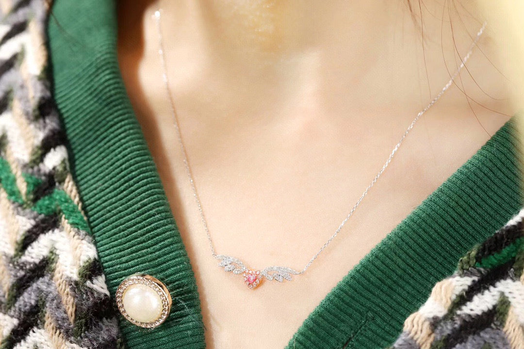 Heart Angle Wings Necklace , 18K Solid Gold Pink Diamond Necklace, gift for her