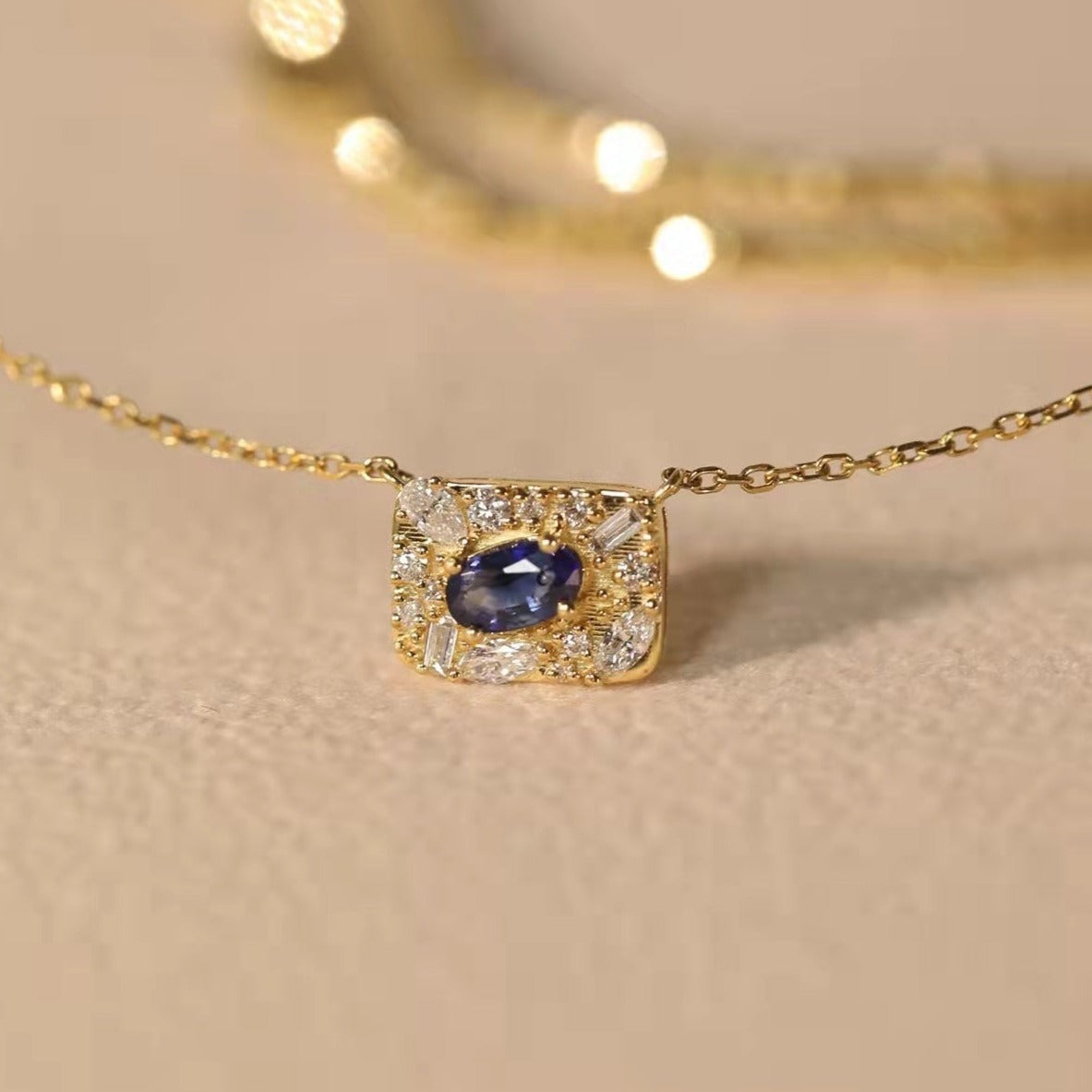 Art Deco Gold Natural Sapphire Diamond Pendant Necklace/18K Solid Gold Genuine Sapphire Diamond Necklace/Vintage Sapphire Necklace