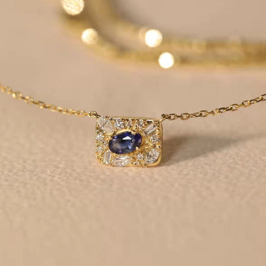 Art Deco Gold Natural Sapphire Diamond Pendant Necklace/18K Solid Gold Genuine Sapphire Diamond Necklace/Vintage Sapphire Necklace