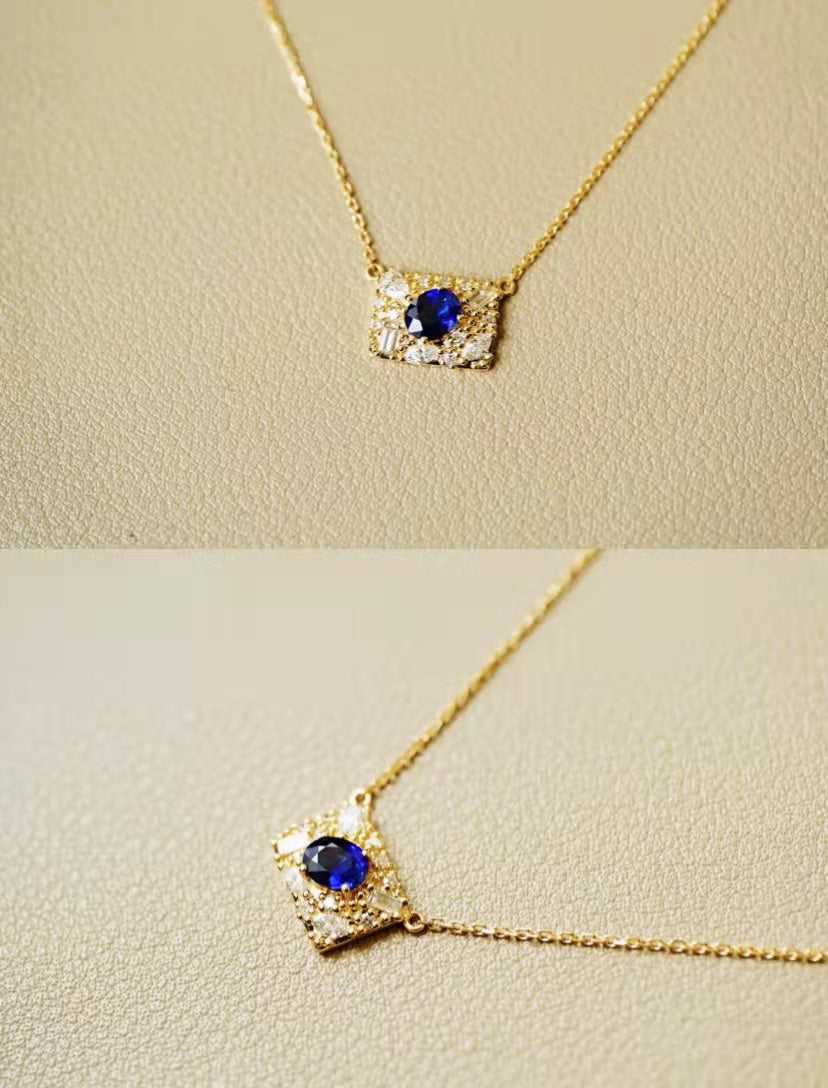 Art Deco Gold Natural Sapphire Diamond Pendant Necklace/18K Solid Gold Genuine Sapphire Diamond Necklace/Vintage Sapphire Necklace